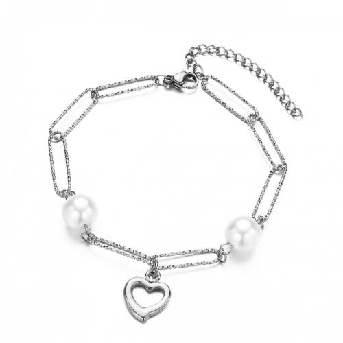 Stainless Steel Charm Bracelet, 304 Stainless Steel, with Plastic Pearl, with 5cm extender chain, fashion jewelry & Unisex & hollow Approx 19 cm 