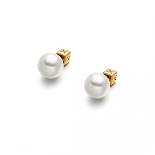 Brass Stud Earring, with Plastic Pearl, plated, for woman, golden [