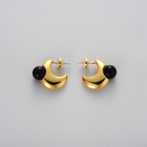 Brass Stud Earring, with Black Agate, plated, for woman [