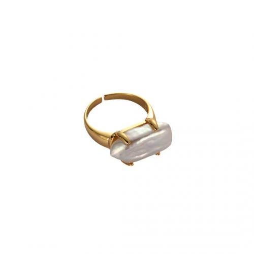 Pearl Brass Finger Ring, with Plastic Pearl, plated, for woman, golden [