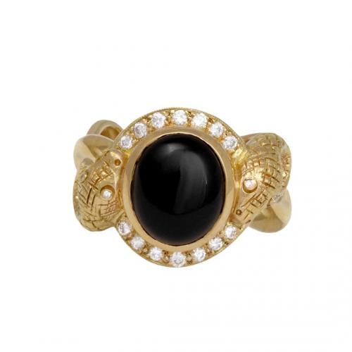 Gemstone Brass Finger Ring, with Black Agate, plated & for woman & with rhinestone, golden [