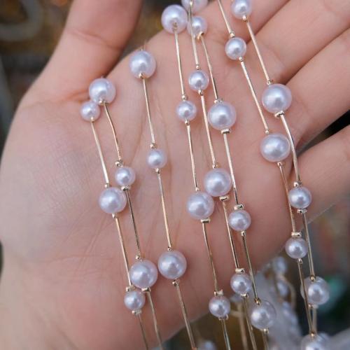 Brass Beading Chains, with Plastic Pearl, Round, KC gold color plated, DIY, white, nickel, lead & cadmium free, Big mm,Little mm [