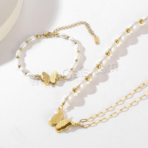 Fashion Stainless Steel Jewelry Sets, 304 Stainless Steel, bracelet & necklace, with Plastic Pearl, Butterfly, Vacuum Ion Plating, fashion jewelry & for woman [