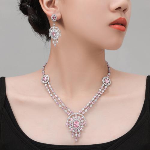 Cubic Zirconia Micro Pave Brass Jewelry Sets, plated, 2 pieces & fashion jewelry & micro pave cubic zirconia necklace lengthuff1a43cm,earring [