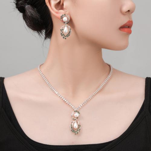 Cubic Zirconia Micro Pave Brass Jewelry Sets, with Glass Pearl, Wheat, plated, 2 pieces & fashion jewelry & micro pave cubic zirconia necklace lengthuff1a43cm,earrings [