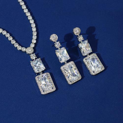 Zirkonia Micro Pave Schmucksets Messing, Rechteck, plattiert, 2 Stück & Modeschmuck & Micro pave Zirkonia, keine, necklace lengthuff1a43cm,earrings size:4cm*1.1cm, verkauft von setzen