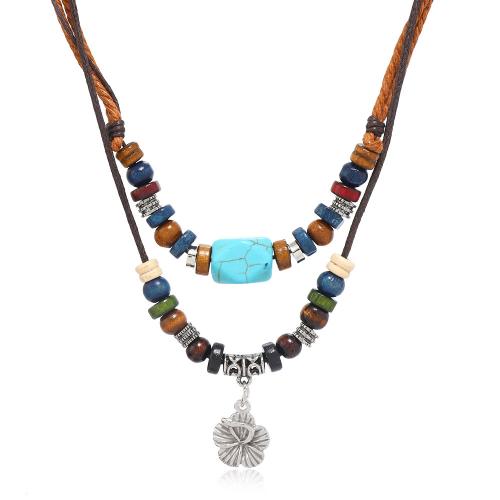 PU Collier Cordon, cuir PU, avec turquoise & corde de cire & bois & alliage de zinc, fait à la main, Double couche & bijoux de mode & pour homme, brun Environ 40-70 cm, Vendu par PC