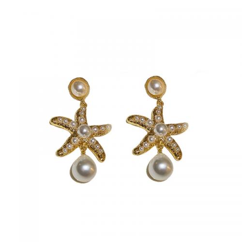 Plastic Pearl Zinc Alloy Earring, with Plastic Pearl, Starfish, gold color plated, fashion jewelry & for woman, golden [