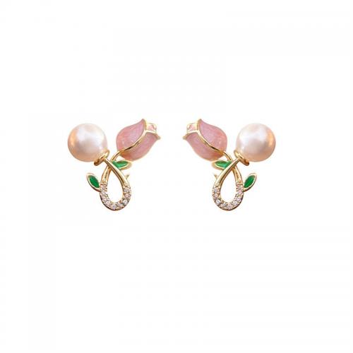 Plastic Pearl Zinc Alloy Earring, with Plastic Pearl, Tulip, plated, fashion jewelry & for woman & with rhinestone [