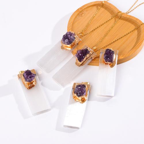 Quartz Necklace, Gypsum Stone, with Amethyst & Brass, Rectangle, gold color plated, fashion jewelry & Unisex 50mm Approx 45 cm [