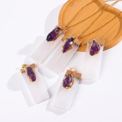 Quartz Necklace, Gypsum Stone, with Amethyst & Brass, Rectangle, gold color plated, fashion jewelry & Unisex 50mm Approx 45 cm 