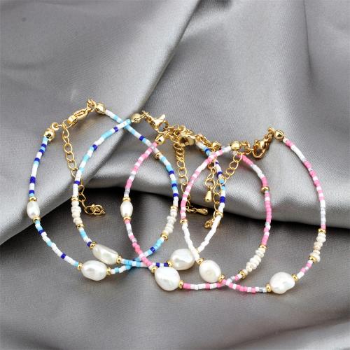 Glass Seed Beads Bracelets, Seedbead, with Freshwater Pearl & Brass, gold color plated, fashion jewelry & for woman Approx 16-22 cm [