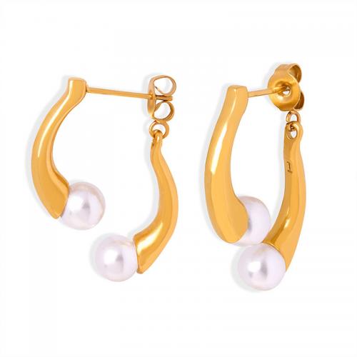 Boucles d'oreilles en acier titane, avec Shell Pearl, bijoux de mode & pour femme, plus de couleurs à choisir, Vendu par paire