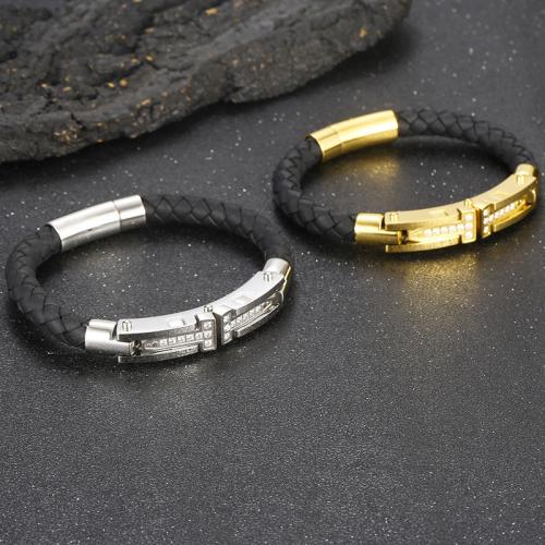 Cowhide Bracelets, 304 Stainless Steel, with Split Layer Cowhide Leather, plated, fashion jewelry & for man & with rhinestone mm 