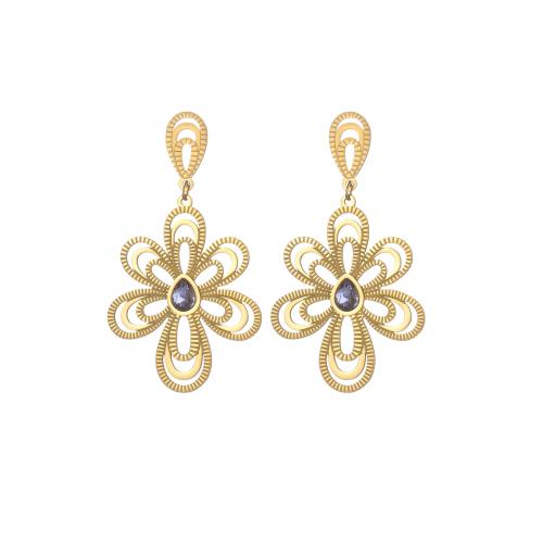 clou d'oreille en acier inoxydable avec stras, Acier inoxydable 304, fleur, Plaqué or 18K, pour femme & avec strass & creux, 67mm, Vendu par paire[