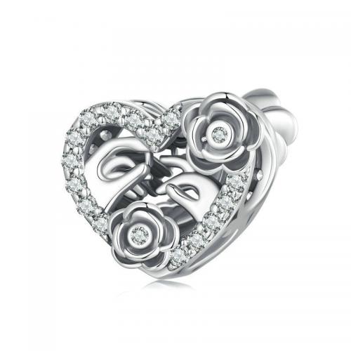 Cubic Zirconia Micro Pave Sterling Silver Bead, 925 Sterling Silver, Heart, DIY & micro pave cubic zirconia & large hole Approx 4.5mm [