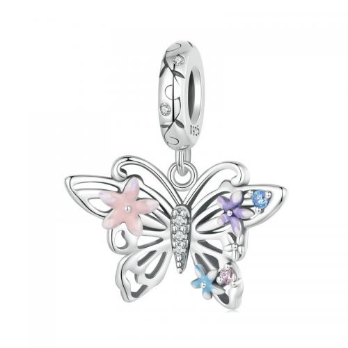 Cubic Zirconia Micro Pave Sterling Silver Pendant, 925 Sterling Silver, Butterfly, DIY & micro pave cubic zirconia & enamel Approx 4.5mm [