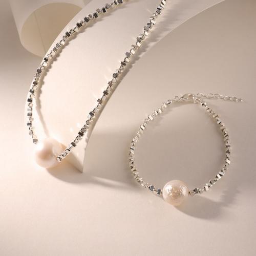 Brass Freshwater Pearl Jewelry Sets, with Freshwater Pearl, silver color plated, fashion jewelry & for woman, silver color [