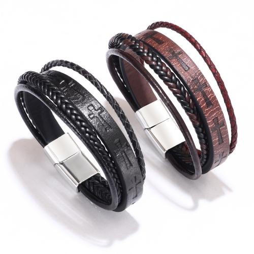 PU Leather Cord Bracelets, Zinc Alloy, with Herkimer Diamond & PU Leather, Cross, plated  & Unisex 