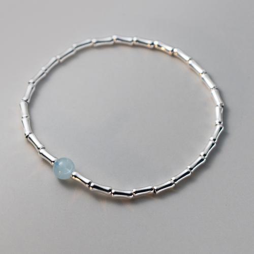 Sterling Silber Armbänder, 925 Sterling Silber, mit elastischer Faden & Aquamarin, handgemacht, für Frau, Silberfarbe, Länge:ca. 26-25 cm, verkauft von PC[