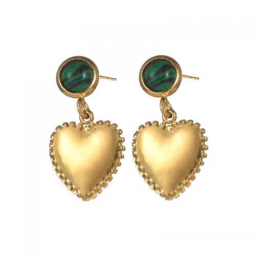 Boucles d'oreilles en acier titane, avec Malachite, coeur, Plaqué or 18K, bijoux de mode & pour femme Vendu par paire