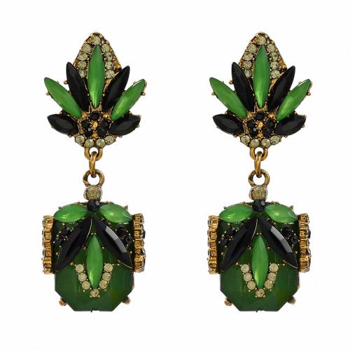 Pendientes de Perno de Aleación de Zinc, con rhinestone de acrílico, Flor, Joyería & para mujer, verde, 63x24mm, Vendido por Par[