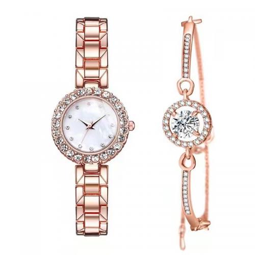 Zinc Alloy Watch Bracelet, with Glass, Round, plated, Chinese movement & for woman & with rhinestone, watch size bracelet length 180mm 