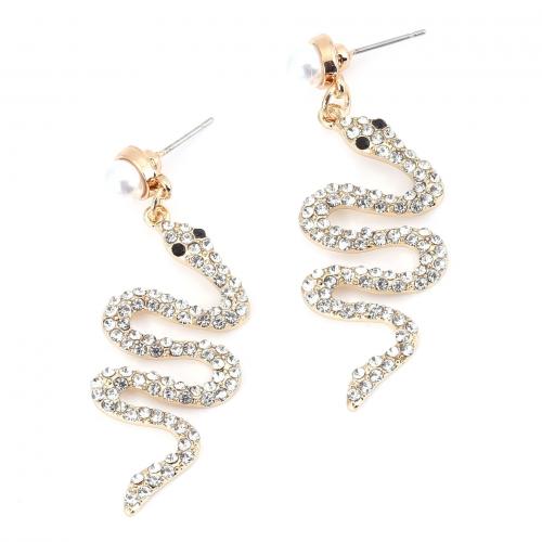 aleación de zinc Pendientes con Colgantes, con Perlas plásticas, Serpiente, chapado en color dorado, para mujer & con diamantes de imitación, 18x52mm, Vendido por Par