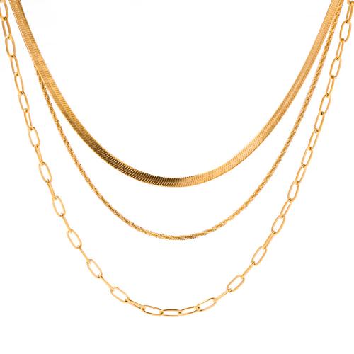 Stainless Steel Jewelry Necklace, 304 Stainless Steel, 18K gold plated, three layers & fashion jewelry & for woman, golden 