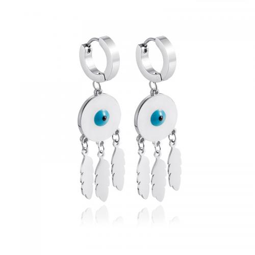 Pendientes de mal de ojo, acero inoxidable 304, Recubrimiento iónico al vacío, Joyería & para mujer & esmalte, color original, 50.5x14mm, Vendido por Par