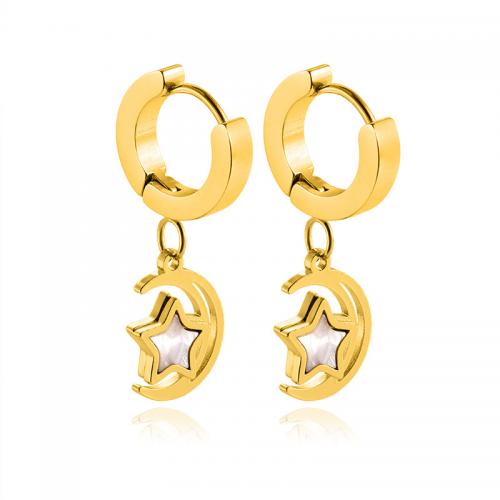 Huggie Hoop Drop Earring, Нержавеющая сталь 304, с Белая ракушка, Луна и звезды, вакуумное ионное покрытие, ювелирные изделия моды & Женский, золотой продается Пара