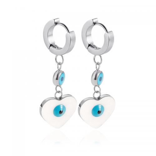 Pendientes de mal de ojo, acero inoxidable 304, con esmalte, Corazón, Recubrimiento iónico al vacío, Joyería & para mujer, color original, 41.5x14mm, Vendido por Par