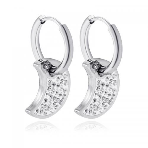 Huggie Hoop Drop Earring, Нержавеющая сталь 304, Луна, вакуумное ионное покрытие, ювелирные изделия моды & Женский & со стразами, оригинальный цвет продается Пара