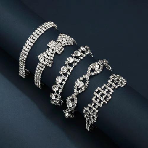 Rhinestone Brass Bracelets, with brass claw chain, silver color plated & for woman & with rhinestone cm [