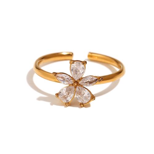 Cubic Zirconia anillo de dedo de acero inoxidable, acero inoxidable 316L, Flor, 18K chapado en oro, Joyería & micro arcilla de zirconia cúbica & para mujer, Vendido por UD