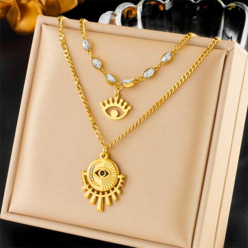 Stainless Steel Jewelry Necklace, 304 Stainless Steel, Double Layer & fashion jewelry & for woman & with rhinestone, golden Approx 48.5 cm 