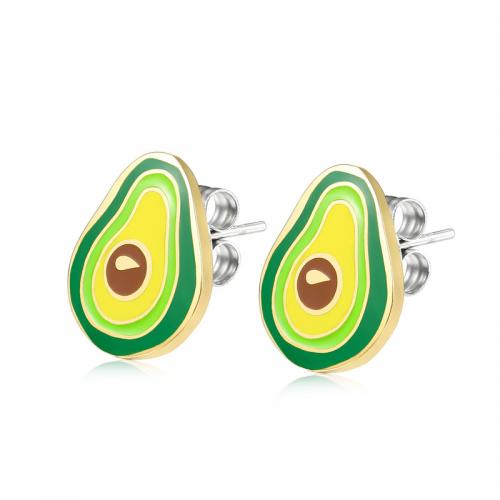 Boucles d'oreilles en acier titane, Avocat, Placage ionique sous vide, bijoux de mode & pour femme & émail, couleurs mélangées, protéger l'environnement, sans nickel, plomb et cadmium Vendu par paire