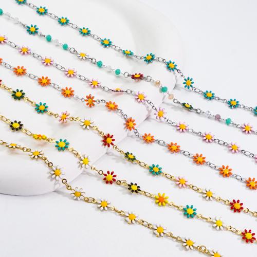 Decorative Beaded Chain, 304 Stainless Steel, with Gemstone, Flower, Vacuum Ion Plating, DIY & enamel nickel, lead & cadmium free, 8mm 