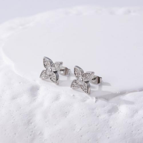 Titanium Steel Earrings, Four Leaf Clover, Vacuum Ion Plating, fashion jewelry & micro pave cubic zirconia & for woman [