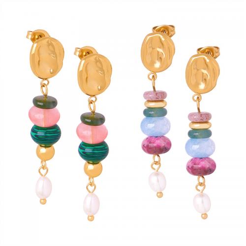 Boucles d'oreilles en acier titane, avec Agate & perle d'eau douce cultivée, Placage de couleur d'or, bijoux de mode & pour femme, plus de couleurs à choisir Vendu par paire