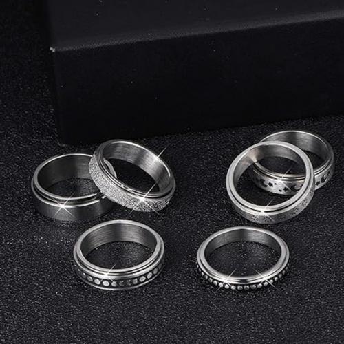 Stainless Steel Finger Ring, 304 Stainless Steel, 6 pieces & fashion jewelry & rotatable & Unisex silver color 