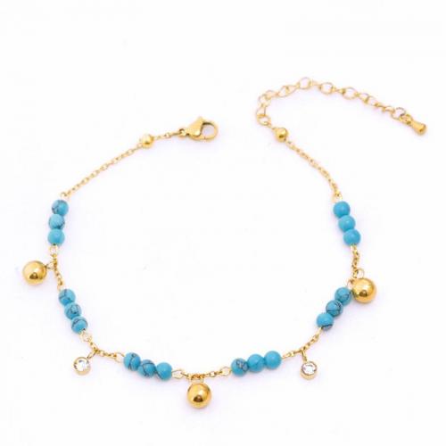 Tobillera de joyería de moda, Partículas de acero, con turquesa, con 6cm extender cadena, chapado en oro KC, micro arcilla de zirconia cúbica & para mujer, longitud:aproximado 21 cm, Vendido por UD