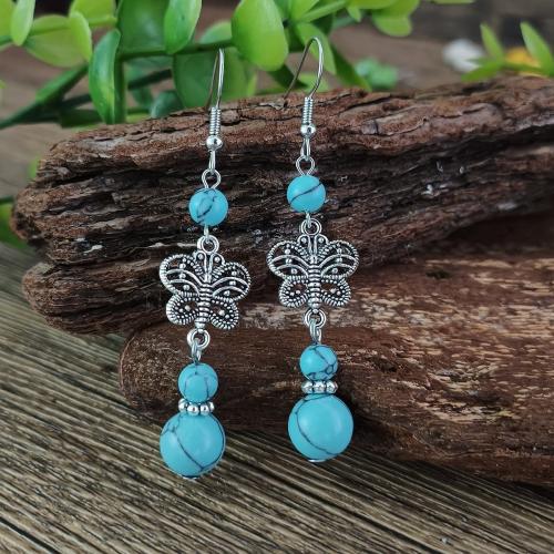 Turquoise Zinc Alloy Earring, with Natural Turquoise, Butterfly, antique silver color plated, vintage & fashion jewelry & for woman [