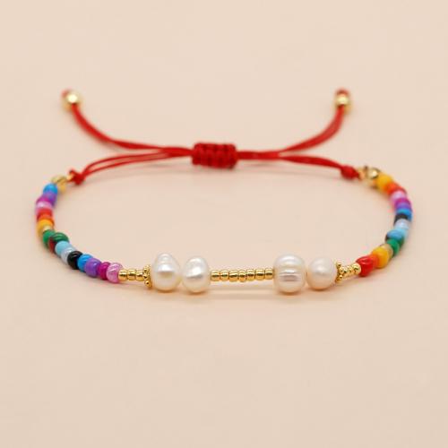 Cultured Freshwater Pearl Brass Bracelet, Seedbead, with Knot Cord & Freshwater Pearl & Brass, gold color plated, Adjustable & fashion jewelry & for woman, mixed colors Approx 28 cm [