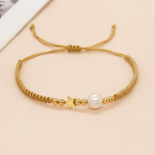 Cultured Freshwater Pearl Brass Bracelet, with Knot Cord & Brass, gold color plated, Adjustable & fashion jewelry & for woman, white Approx 28 cm [