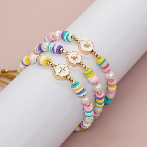 Cultured Freshwater Pearl Bracelets, Polymer Clay, with Knot Cord & Freshwater Pearl & Brass & Zinc Alloy, gold color plated, Adjustable & fashion jewelry & for woman & enamel Approx 28 cm [