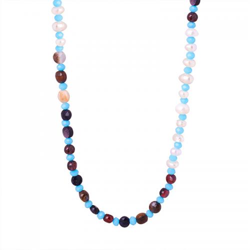 Collier de bijoux de titane, Agate, avec Acier titane & perle d'eau douce cultivée, avec 7cm chaînes de rallonge, bijoux de mode & pour femme, 3mm Environ 42 cm, Vendu par PC