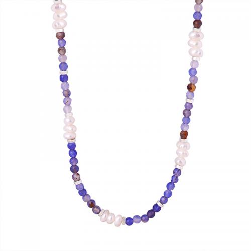 Collier de bijoux de titane, Agate, avec Acier titane & perle d'eau douce cultivée, avec 7cm chaînes de rallonge, bijoux de mode & pour femme, 3mm Environ 38 cm, Vendu par PC