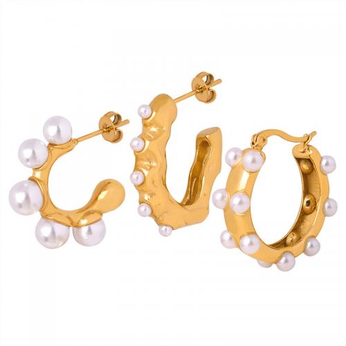 Boucles d'oreilles en acier titane, avec Shell Pearl, Plaqué or 18K, bijoux de mode & styles différents pour le choix & pour femme, doré, Vendu par paire