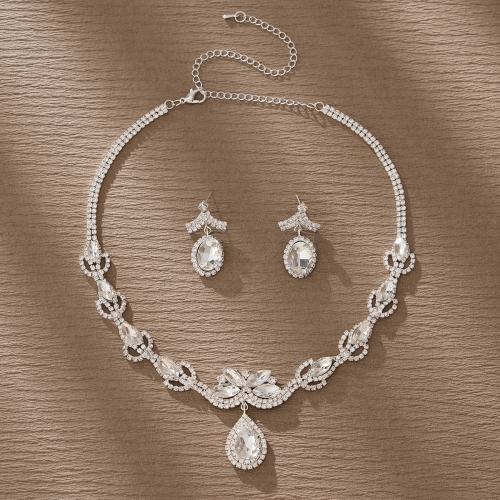 Rhinestone Zinc Alloy Jewelry Set, earring & necklace, silver color plated, for bridal & with rhinestone [